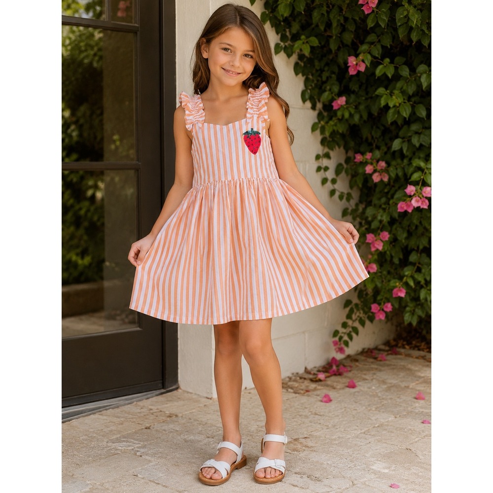 Pink Chicken Via Orange Pink Stripe Dress Girls 8Y Strawberry Cotton Summer